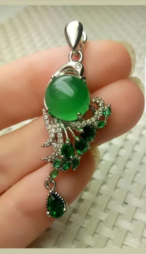 10% OFF- Certified Natural Jadeite Emerald A Jade Handcrafted Beautiful Phoenix 925 Sterling Silver Pendant
