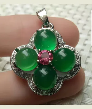 10% OFF- Certified Natural Jadeite Emerald A Jade Handcrafted Flower Pendant-Silver Necklace