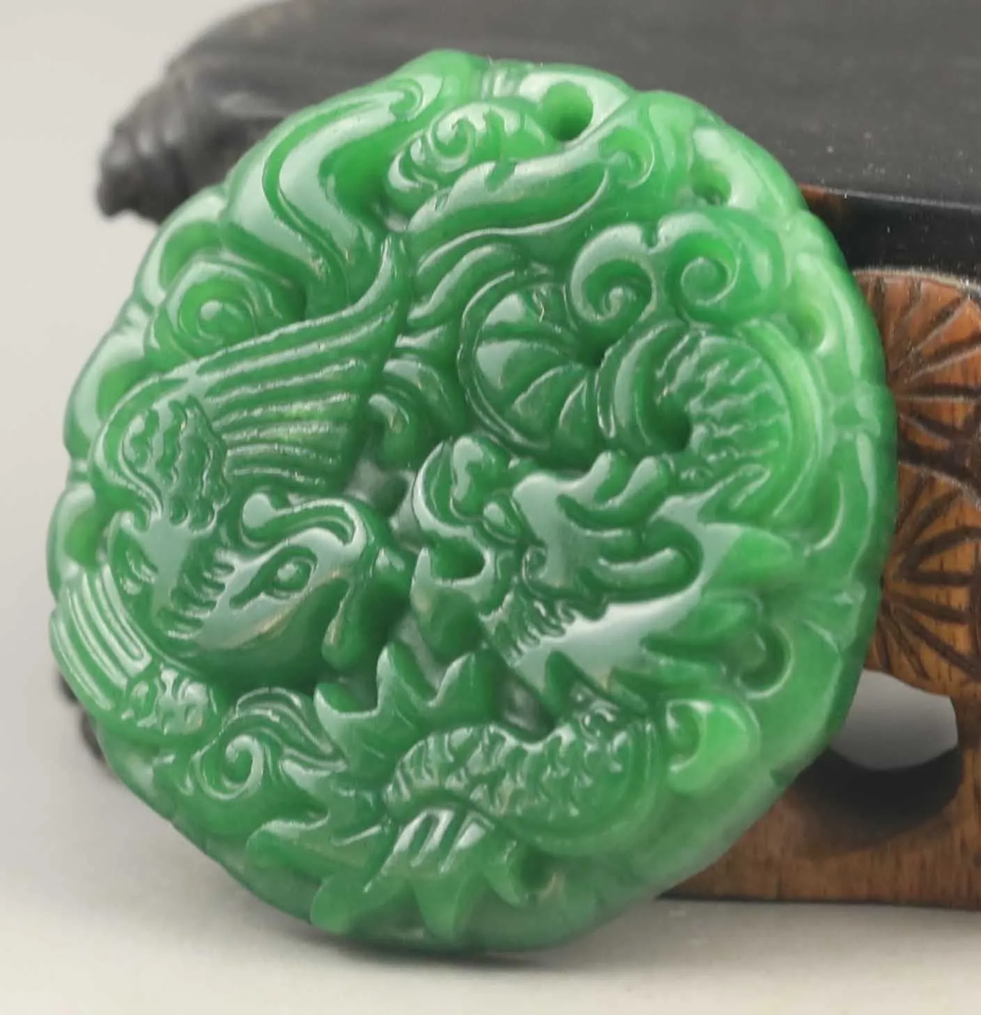 10% OFF- Certified Natural Jadeite Emerald A*Jade HandCarved Dragon-Phoenix Pendant NO.E804