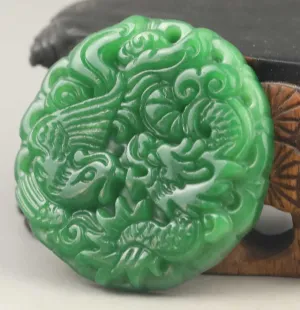 10% OFF- Certified Natural Jadeite Emerald A*Jade HandCarved Dragon-Phoenix Pendant NO.E804