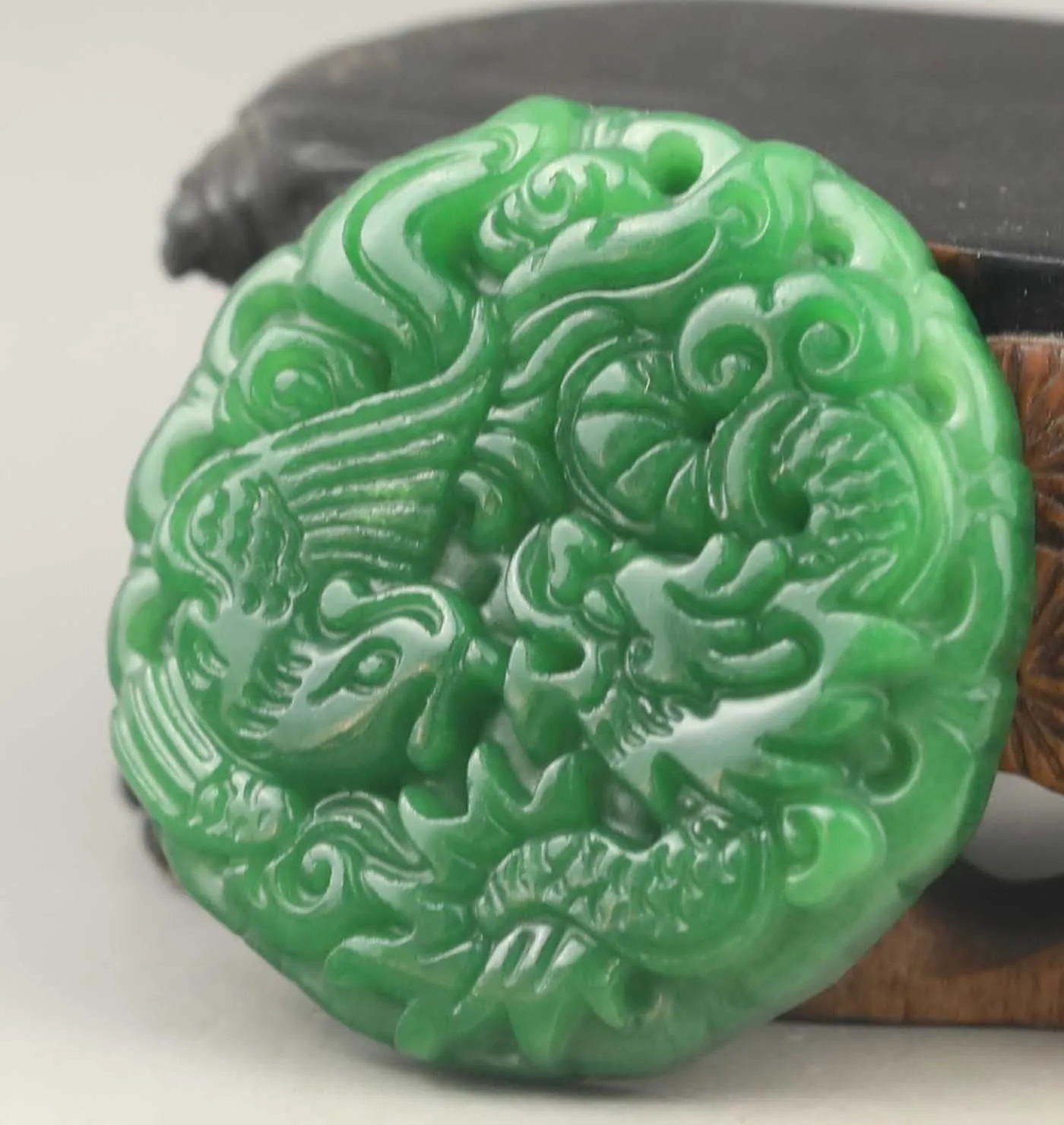 10% OFF- Certified Natural Jadeite Emerald A*Jade HandCarved Dragon-Phoenix Pendant NO.E804