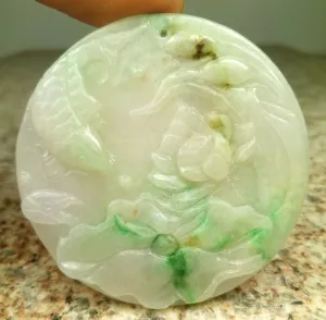 10% OFF- Certified Natural Jadeite Emerald A*Jade HandCarved Fish Lotus Pendant W128