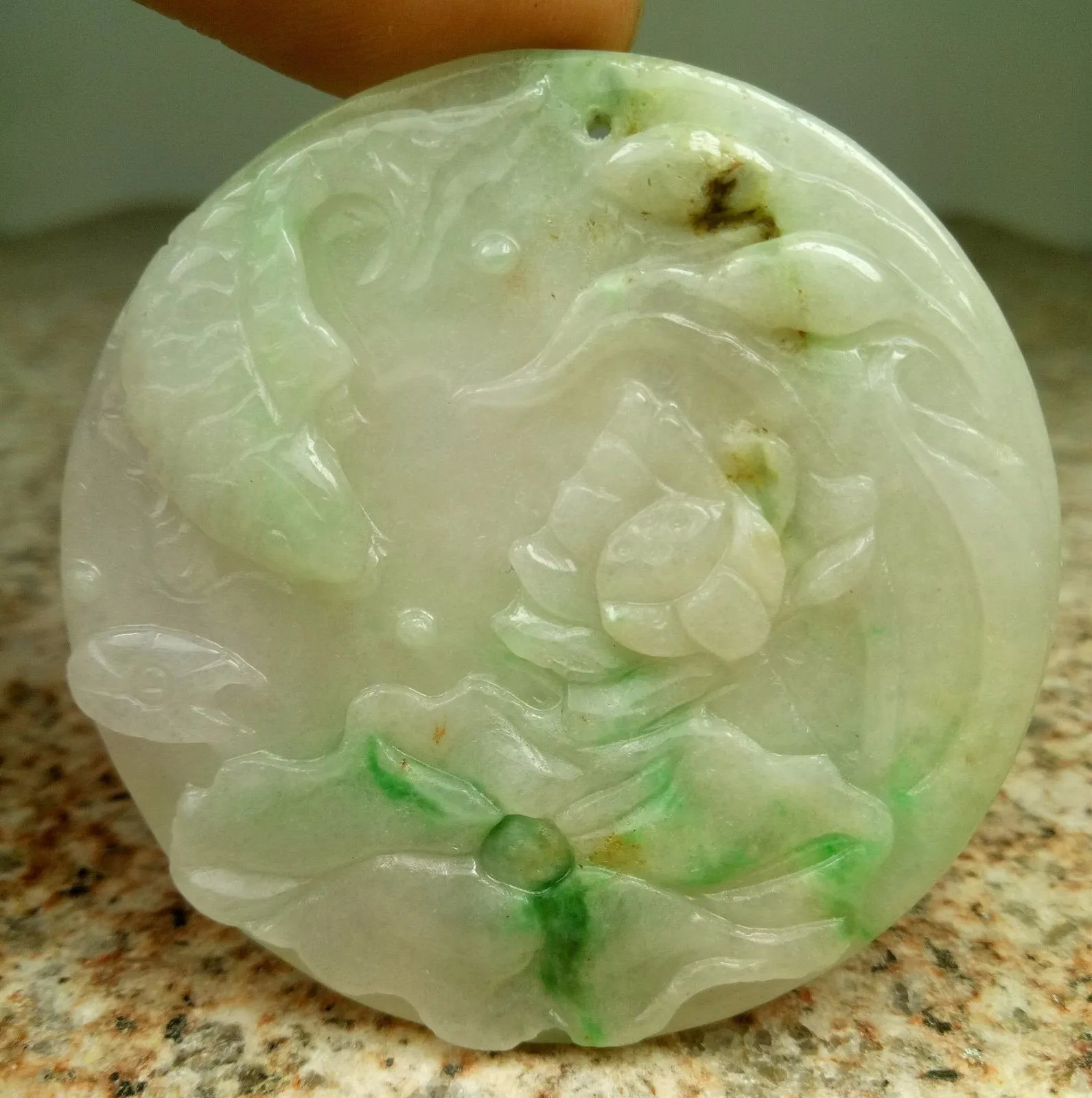 10% OFF- Certified Natural Jadeite Emerald A*Jade HandCarved Fish Lotus Pendant W128