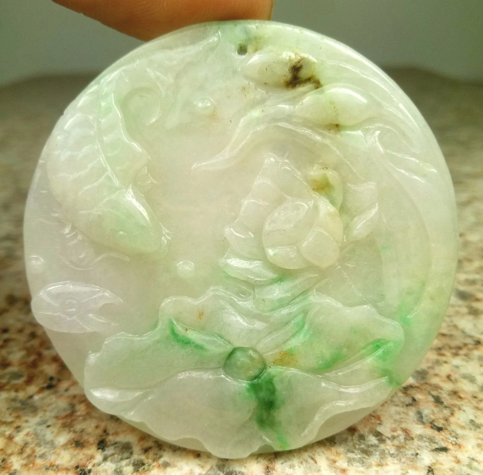 10% OFF- Certified Natural Jadeite Emerald A*Jade HandCarved Fish Lotus Pendant W128