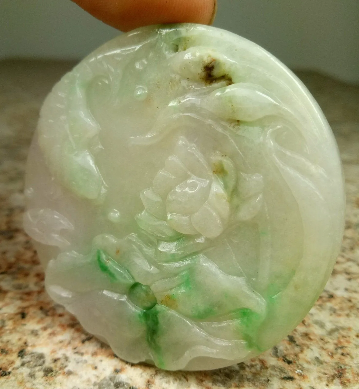 10% OFF- Certified Natural Jadeite Emerald A*Jade HandCarved Fish Lotus Pendant W128