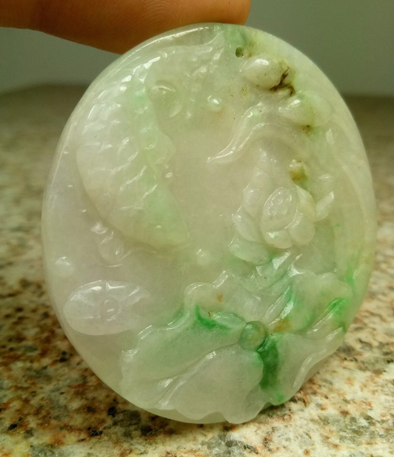10% OFF- Certified Natural Jadeite Emerald A*Jade HandCarved Fish Lotus Pendant W128