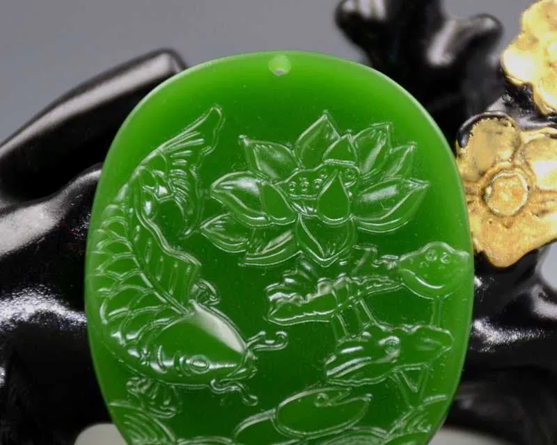 10% OFF- Certified Natural Jadeite Emerald A*Jade HandCarved Fish Lotus Pendant