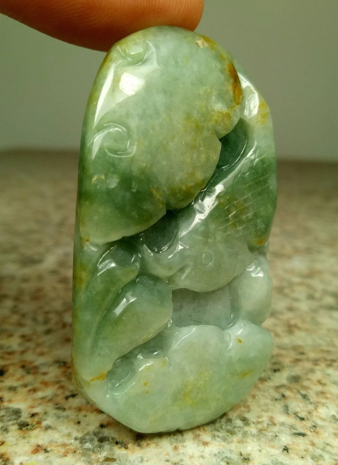 10% OFF- Certified Natural Jadeite Emerald A*Jade HandCarved Gold Fish Ruyi Pendant 0024