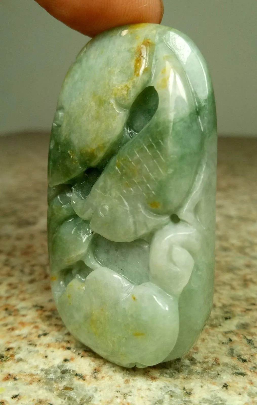 10% OFF- Certified Natural Jadeite Emerald A*Jade HandCarved Gold Fish Ruyi Pendant 0024