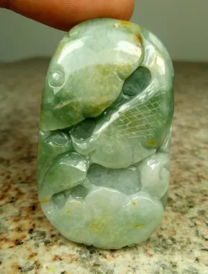 10% OFF- Certified Natural Jadeite Emerald A*Jade HandCarved Gold Fish Ruyi Pendant 0024