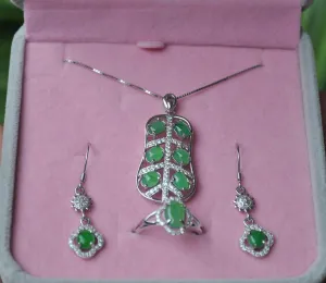 10% OFF- Certified Natural Jadeite Emerald A*Jade HandCarved Pendant~ 1 Set of Three Pieces 925 Silver（Free size）