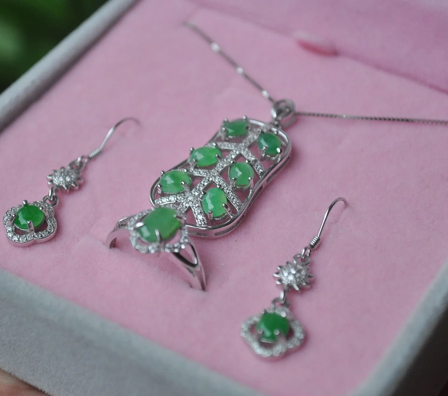 10% OFF- Certified Natural Jadeite Emerald A*Jade HandCarved Pendant~ 1 Set of Three Pieces 925 Silver（Free size）