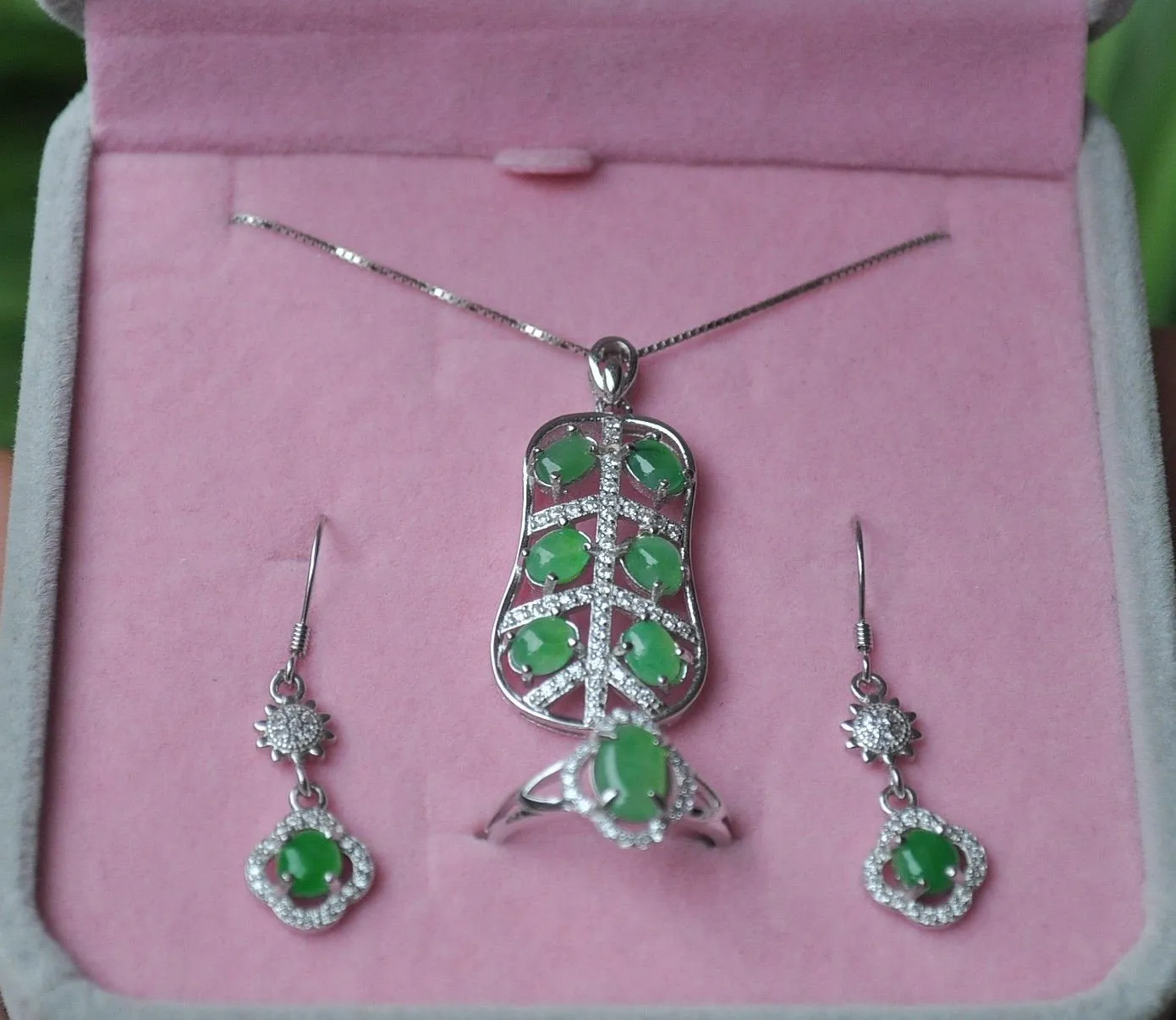 10% OFF- Certified Natural Jadeite Emerald A*Jade HandCarved Pendant~ 1 Set of Three Pieces 925 Silver（Free size）