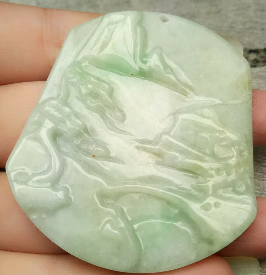 10% OFF- Certified Natural Jadeite Emerald A*Jade Handcarved Tree-Mountain-River Pendant N9191