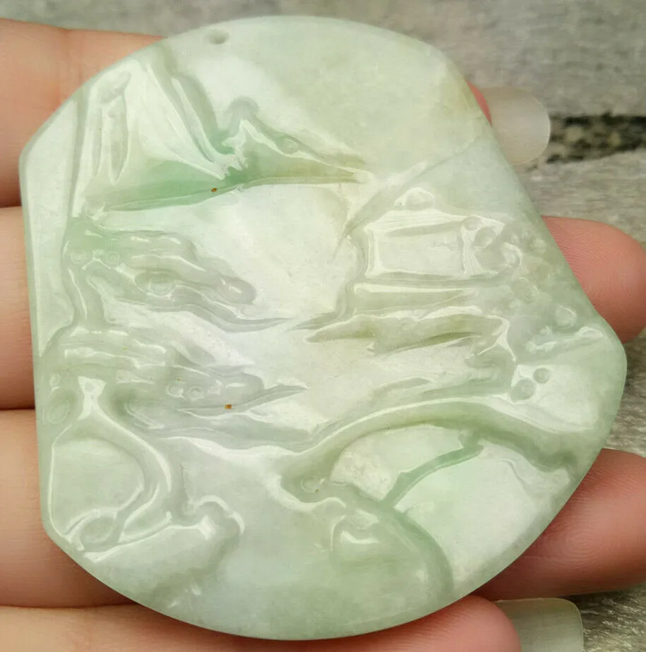 10% OFF- Certified Natural Jadeite Emerald A*Jade Handcarved Tree-Mountain-River Pendant N9191