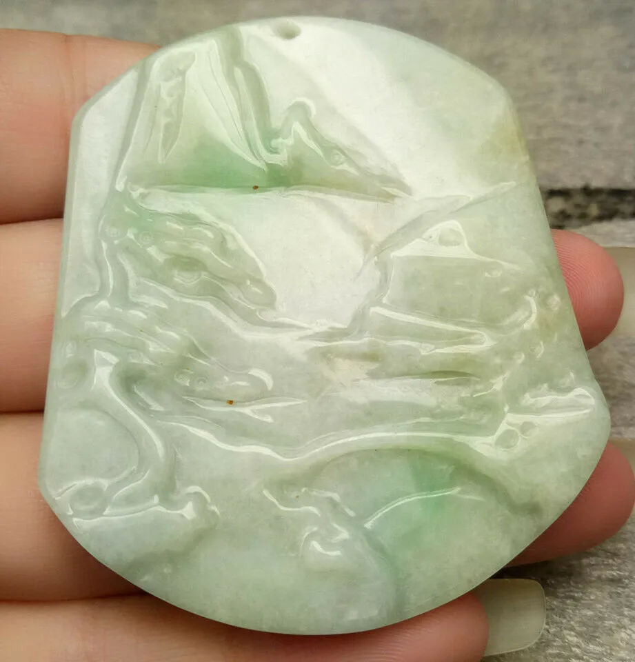 10% OFF- Certified Natural Jadeite Emerald A*Jade Handcarved Tree-Mountain-River Pendant N9191