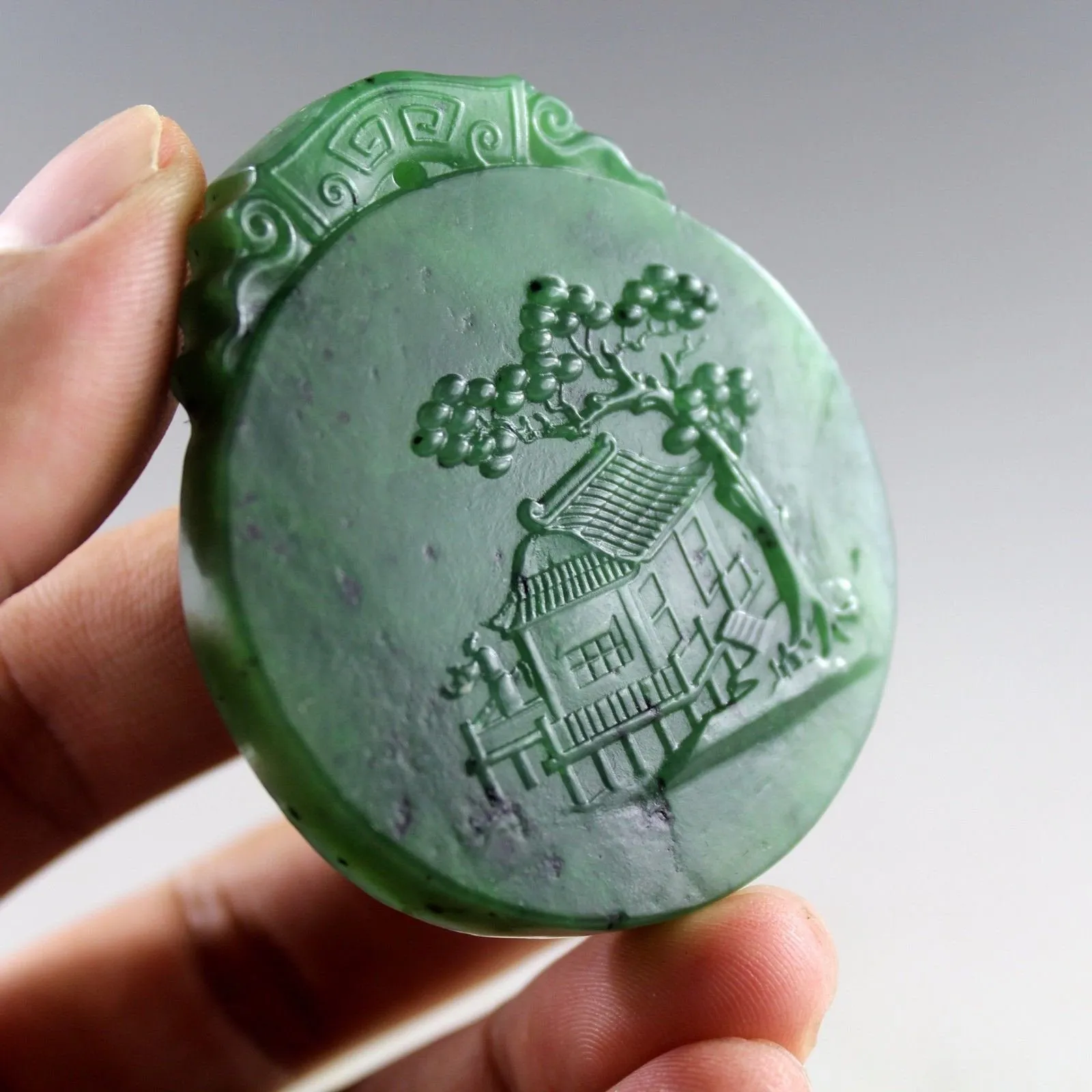 10% OFF- Certified Natural Jadeite Emerald Jade Handcarved Landscape Pendant《Grade A》0425