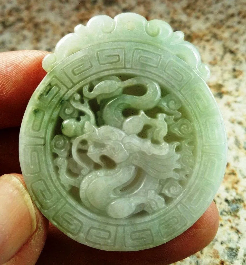 10% OFF- Certified Natural Jadeite Emerald Jade Tablet Dragon Pendant 《Grade A》0083