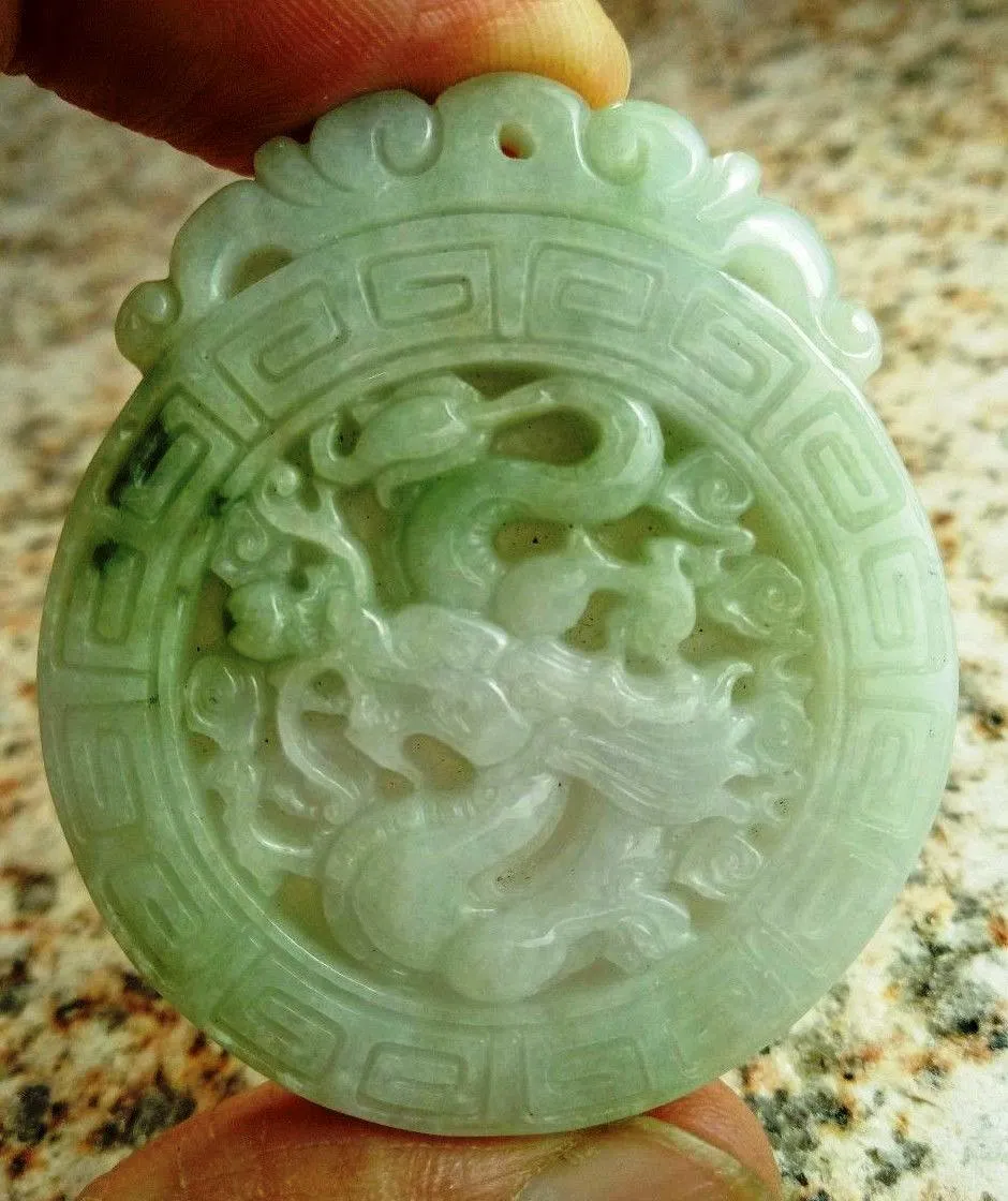 10% OFF- Certified Natural Jadeite Emerald Jade Tablet Dragon Pendant 《Grade A》0083