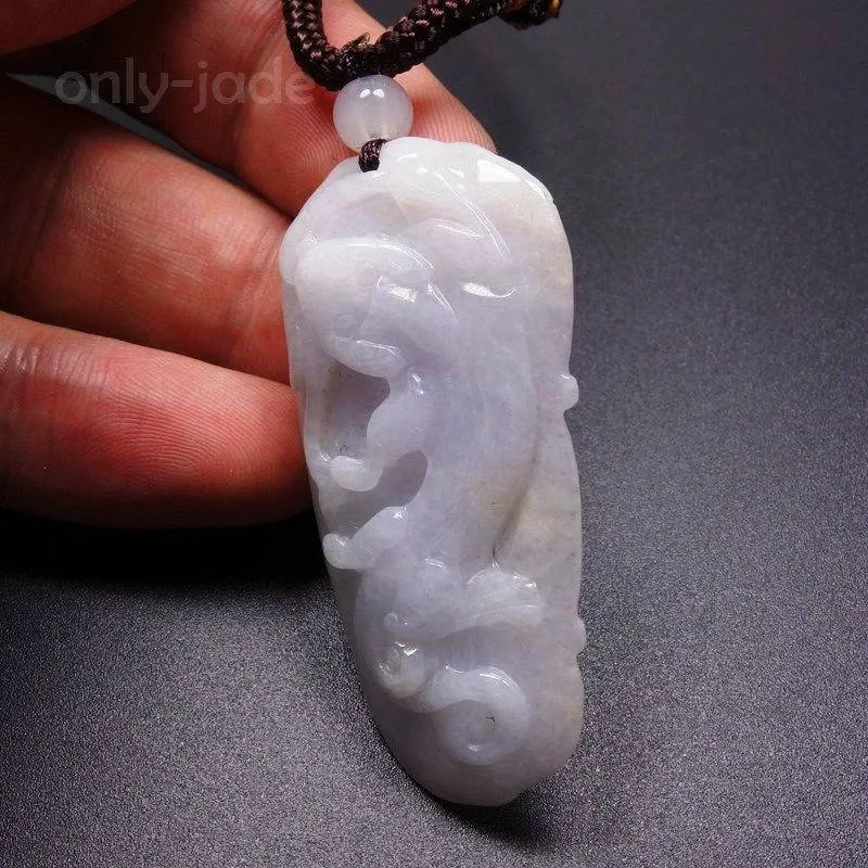 10% OFF- Certified Natural Lavender Icy Jadeite Emerald Jade Tablet Dragon Pendant 《Grade A》5245