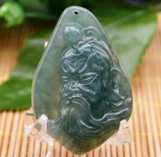 10% OFF- Certified Natural Oily Green Jadeite Emerald A Jade Handcarved Translucent Duke Guan Pendant GS8978