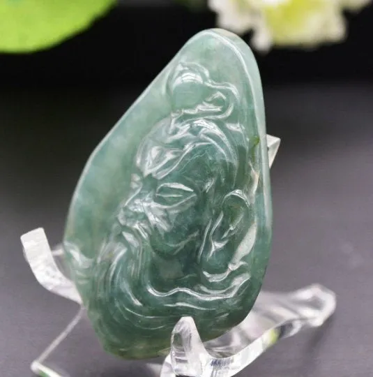 10% OFF- Certified Natural Oily Green Jadeite Emerald A Jade Handcarved Translucent Duke Guan Pendant GS8978