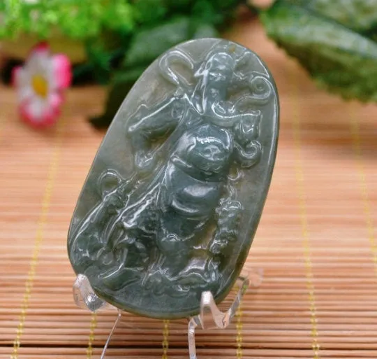 10% OFF- Certified Natural Oily Green Jadeite Emerald A Jade Handcarved Translucent Guan Yu Pendant A0985