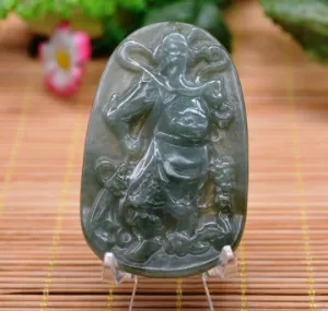 10% OFF- Certified Natural Oily Green Jadeite Emerald A Jade Handcarved Translucent Guan Yu Pendant A0985