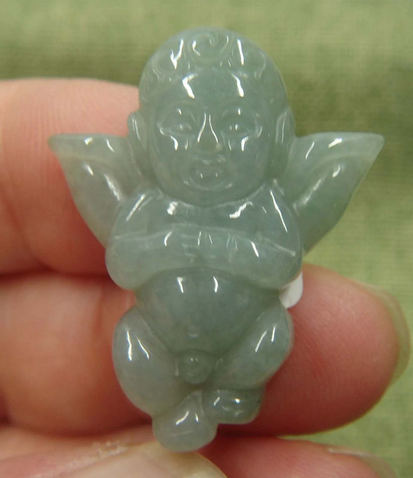 10% OFF- Certified Natural Oily Green Jadeite Emerald A*Jade HandCarved Lovely Cherub Pendant C7423