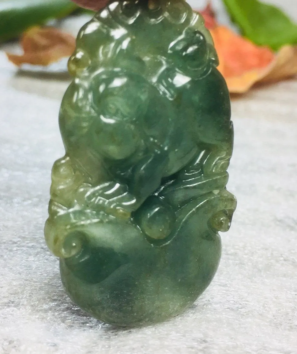 10% OFF- Certified Natural Oily Green Jadeite Emerald A*Jade HandCarved Pig Ruyi Pendant 0310