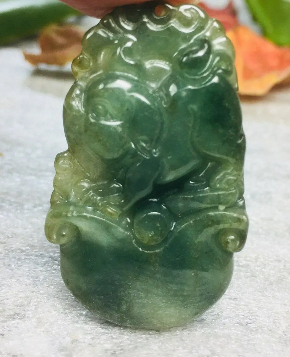 10% OFF- Certified Natural Oily Green Jadeite Emerald A*Jade HandCarved Pig Ruyi Pendant 0310