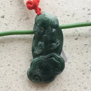 10% OFF- Certified Natural Oily Green Jadeite Emerald A*Jade HandCarved PiXiu Ruyi Pendant 貔貅 0129