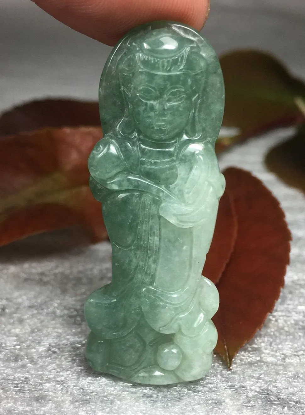 10% OFF- Certified Natural Oily Jadeite Emerald A*Jade HandCarved Guanyin Ruyi Pendant W209
