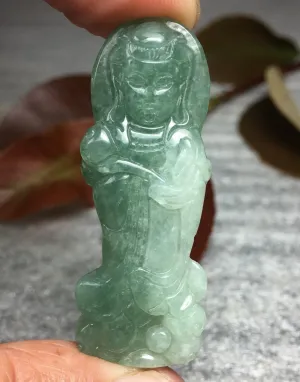 10% OFF- Certified Natural Oily Jadeite Emerald A*Jade HandCarved Guanyin Ruyi Pendant W209