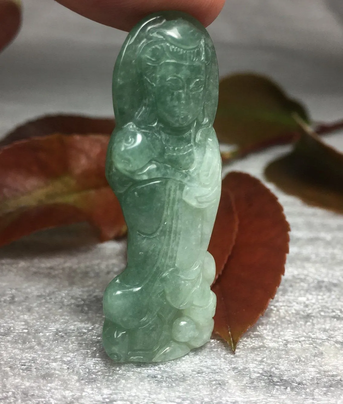 10% OFF- Certified Natural Oily Jadeite Emerald A*Jade HandCarved Guanyin Ruyi Pendant W209