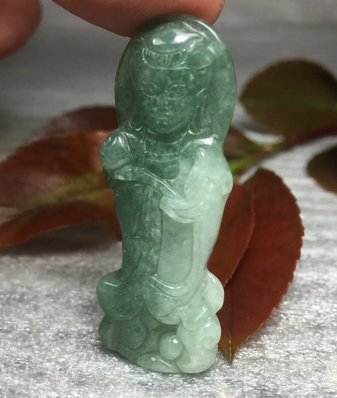 10% OFF- Certified Natural Oily Jadeite Emerald A*Jade HandCarved Guanyin Ruyi Pendant W209