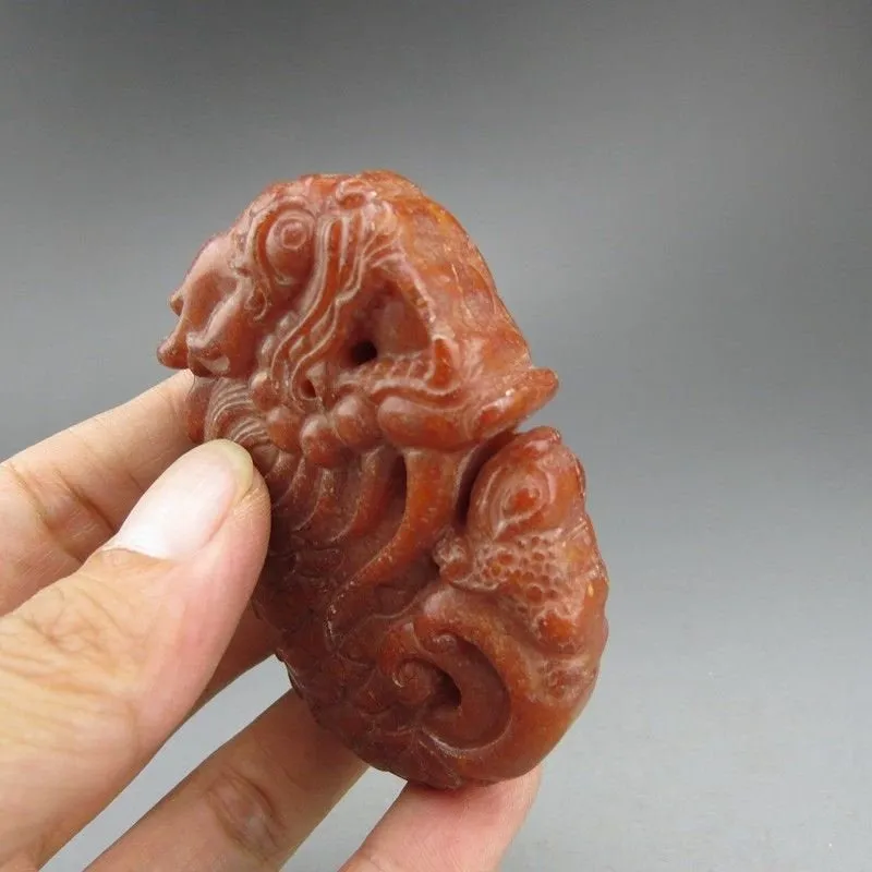 10% OFF- Certified Natural Red Jadeite Emerald A*Jade HandCarved Hongshan Culture Dragon Fish Pendant A198