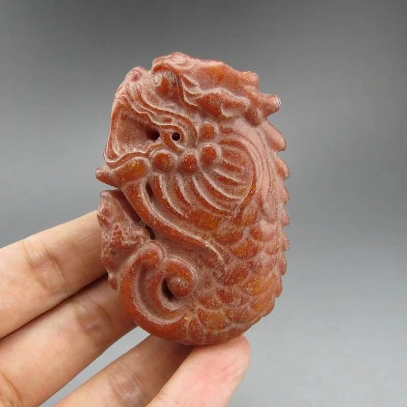 10% OFF- Certified Natural Red Jadeite Emerald A*Jade HandCarved Hongshan Culture Dragon Fish Pendant A198