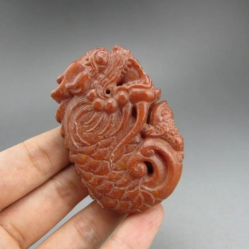 10% OFF- Certified Natural Red Jadeite Emerald A*Jade HandCarved Hongshan Culture Dragon Fish Pendant A198