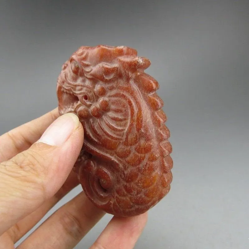10% OFF- Certified Natural Red Jadeite Emerald A*Jade HandCarved Hongshan Culture Dragon Fish Pendant A198