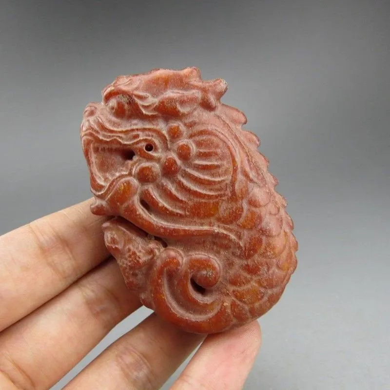 10% OFF- Certified Natural Red Jadeite Emerald A*Jade HandCarved Hongshan Culture Dragon Fish Pendant A198