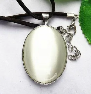 10% OFF- Certified Natural White Emerald A*Jade Oval Cat Eye Pendant with 18'' Rope Necklace