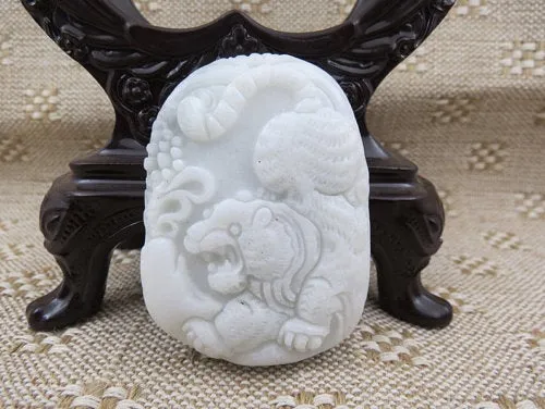 10% OFF- Certified Natural White Emerald Jade HandCarved Translucent Tiger Pendant《Grade A》