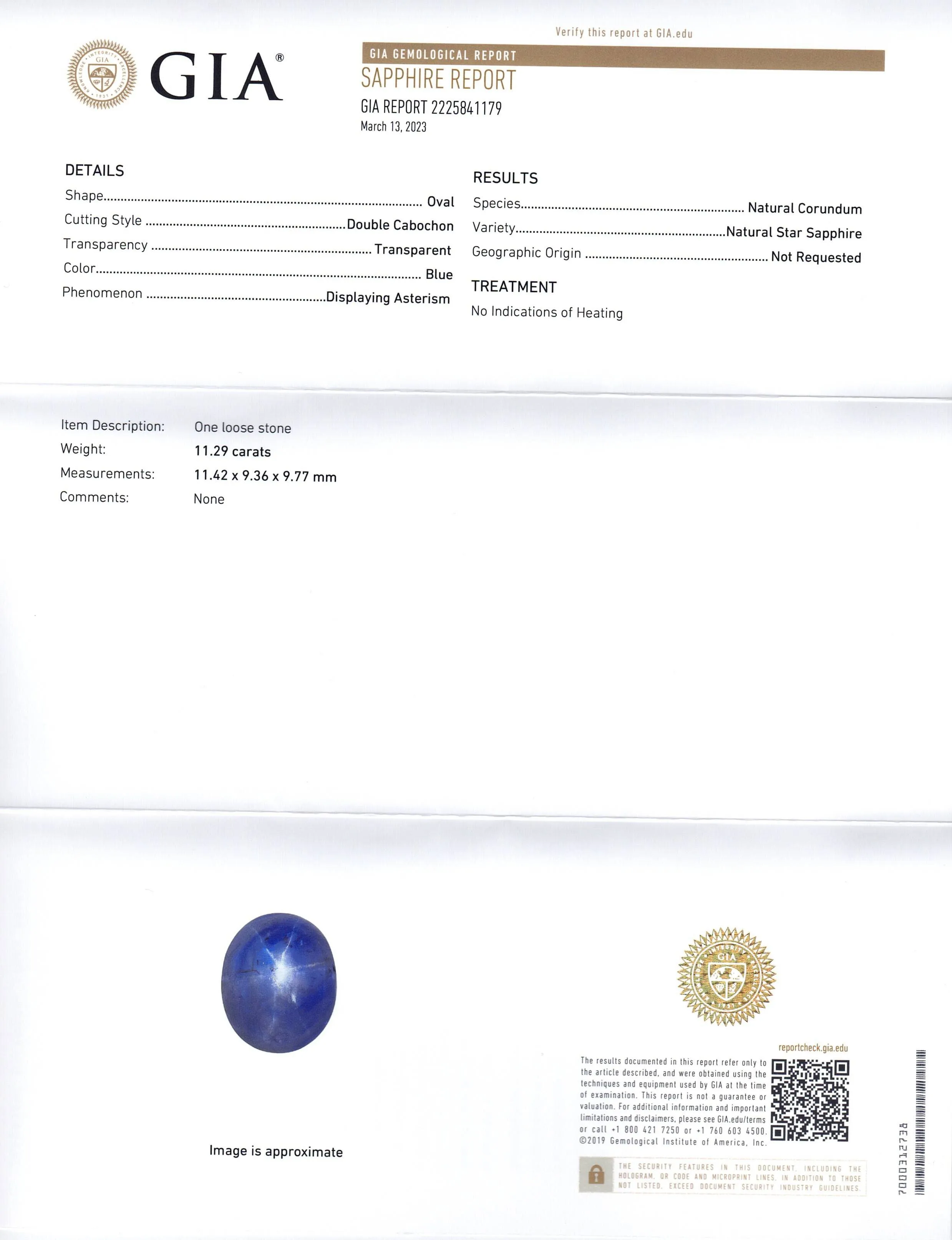 11.29ct Oval Cabochon Blue Star Sapphire GIA Certified