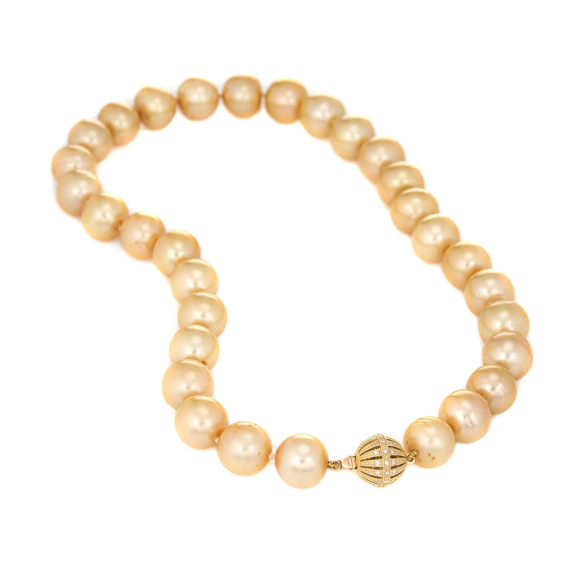 13mm to 14mm Golden South Sea Pearl Necklace Diamond Clasp 14k Gold 18" Estate