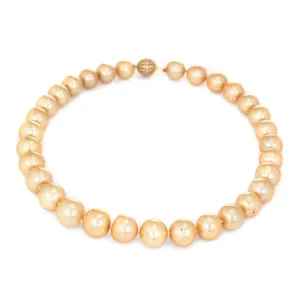 13mm to 14mm Golden South Sea Pearl Necklace Diamond Clasp 14k Gold 18" Estate