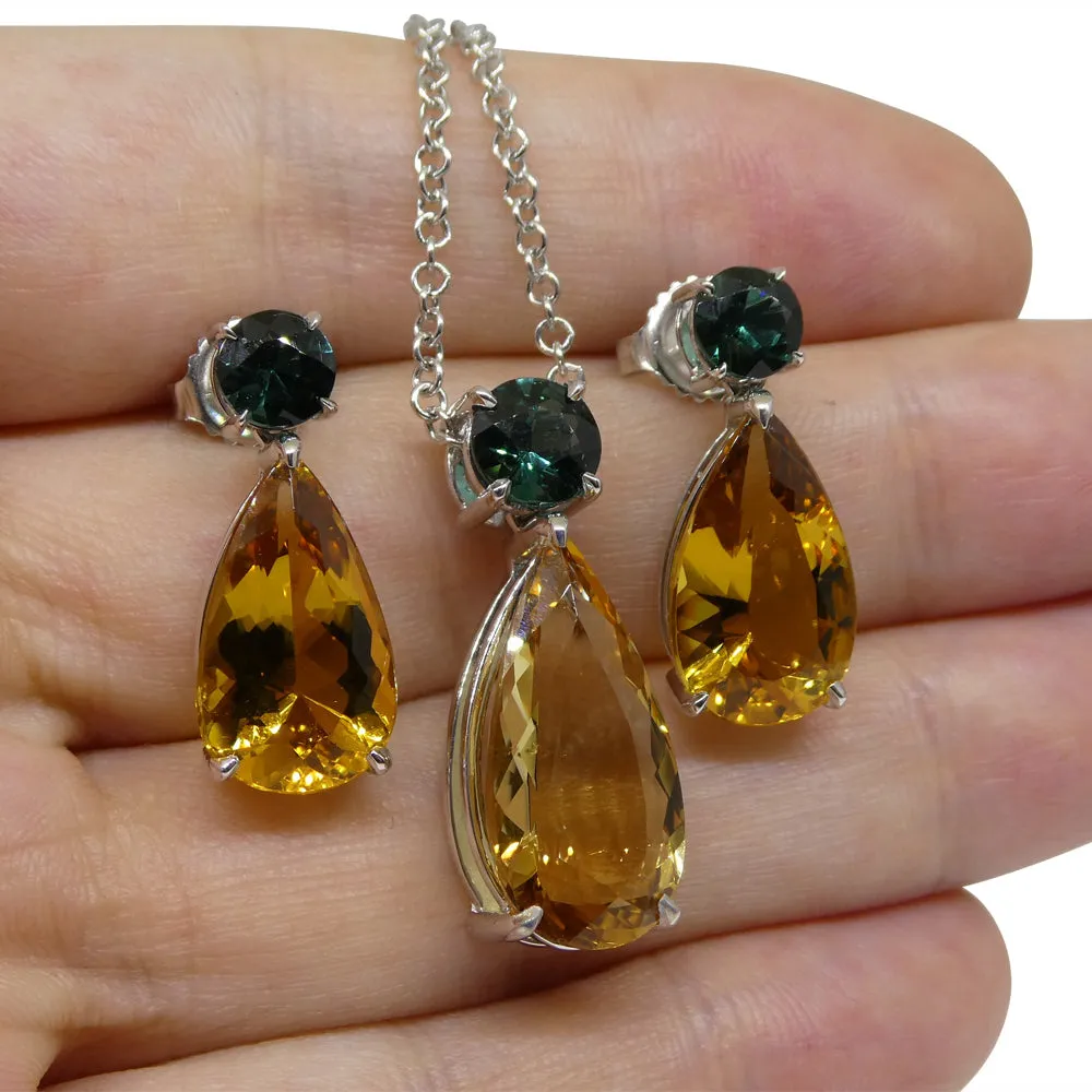 14.05ct Heliodor and Indicolite Tourmaline Earrings and Pendant set in 14kt White Gold with Certificate
