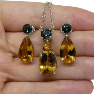 14.05ct Heliodor and Indicolite Tourmaline Earrings and Pendant set in 14kt White Gold with Certificate