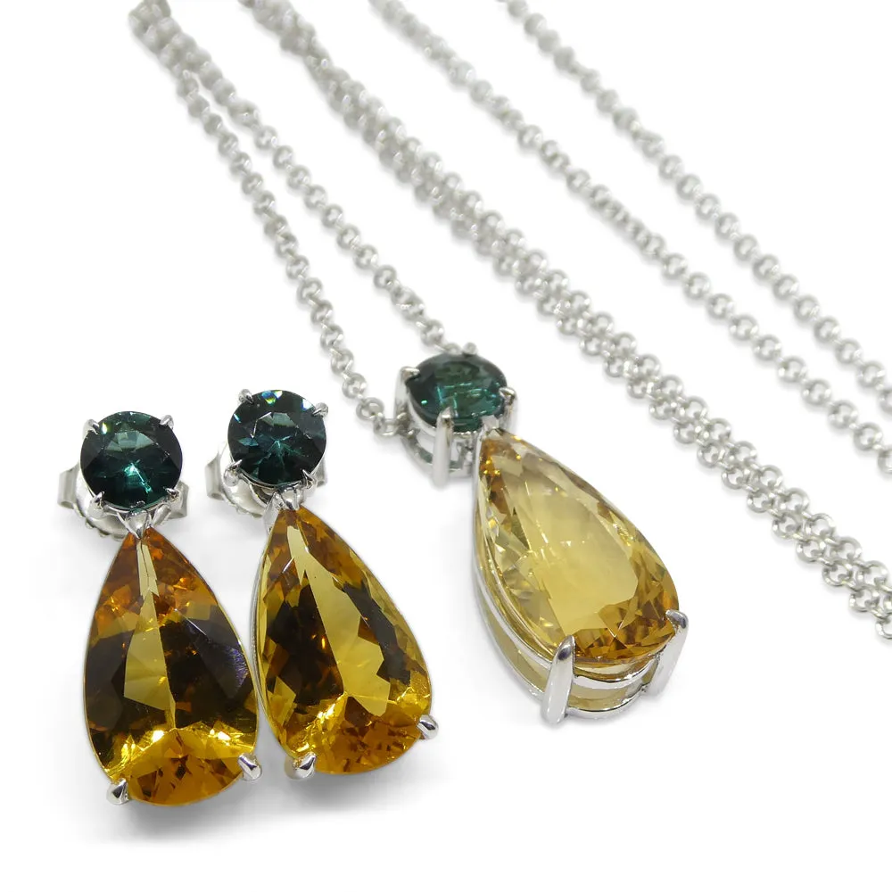 14.05ct Heliodor and Indicolite Tourmaline Earrings and Pendant set in 14kt White Gold with Certificate
