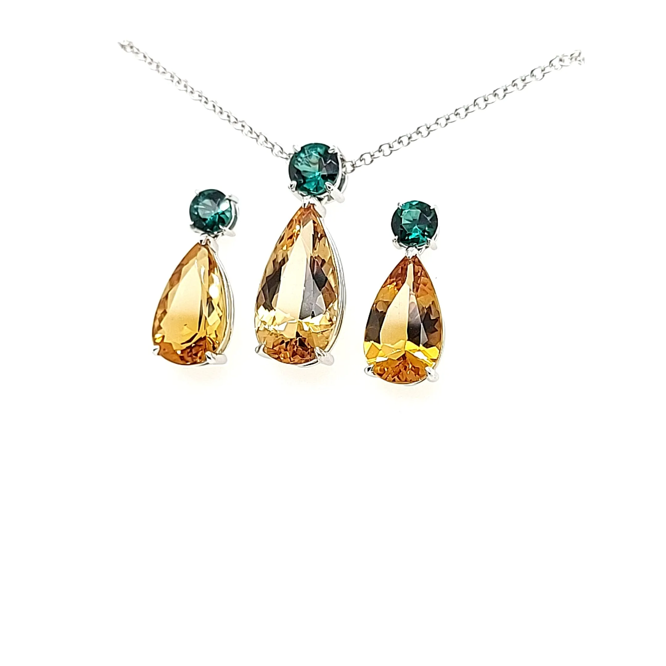 14.05ct Heliodor and Indicolite Tourmaline Earrings and Pendant set in 14kt White Gold with Certificate